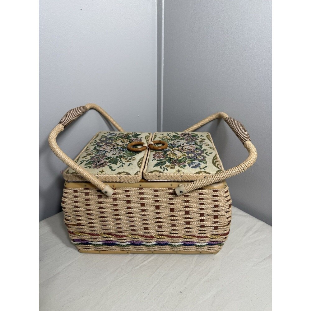 Vintage Azar Wicker and Tapestry Sewing Basket With removable Tray